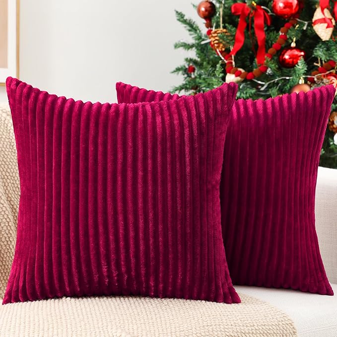 Simmore Decorative Fall Throw Pillow Covers 16x16 Set of 2, Soft Natural Plush Flannel Double-Sided Fluffy Couch Pillow Covers for Sofa Living Room, Burgundy