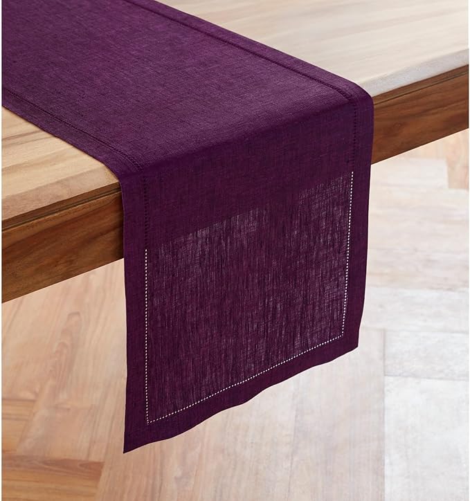 Solino Home Linen Table Runner 108 Inches Long - Milan Hemstitch 100% Pure Linen Grape Dining Table Runner 14 x 108 Inch for Fall, Autumn, Halloween, Thanksgiving, Christmas
