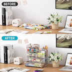 Marbrasse Mesh Pen Holder for Desk, Pen Organizer with Drawer, Multi-Functional Pencil Organizer, Desk Organizers and Accessories for Office Art Supplies (Silver)