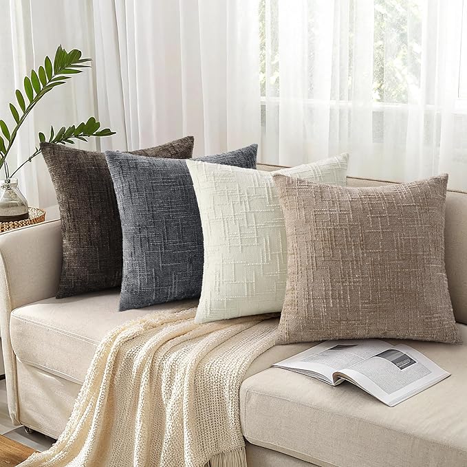 decorUhome Fall Oatmeal Chenille Throw Pillow Covers 16x16 Set of 2 Thick Textured Slubby Couch Pillow Covers Farmhouse Accent Modern Neutral Decorative Pillow Cases for Bed Sofa Living Room