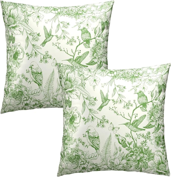 Green White Flowers Pillow Covers 20x20 Inch, Pack of 2 Vintage Chinoiserie Country Style Floral Throw Pillowcases Square Cushion Cover for Couch Sofa Bed Outdoor Indoor Home Decor