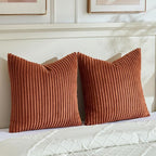 Fancy Homi Set of 2 Rust Boho Decorative Throw Pillow Covers 24x24 Inch for Couch Bed Sofa, Aesthetic Modern Organic Room Decor, Soft Fuzzy Striped Corduroy Cute Terracotta Textured Cushion Case 60cm
