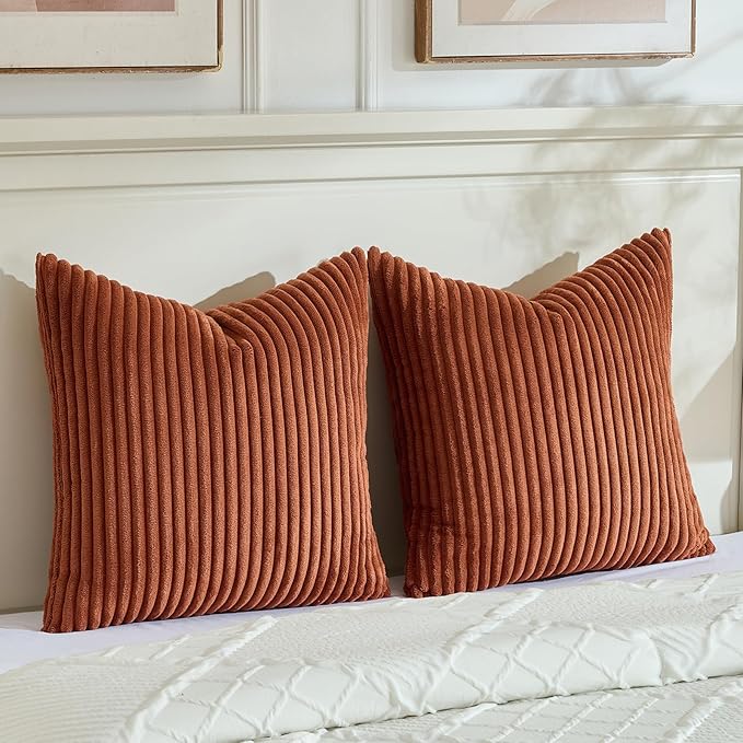 Fancy Homi Set of 2 Rust Boho Decorative Throw Pillow Covers 24x24 Inch for Couch Bed Sofa, Aesthetic Modern Organic Room Decor, Soft Fuzzy Striped Corduroy Cute Terracotta Textured Cushion Case 60cm