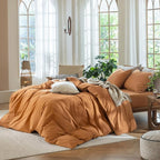 MooMee Bedding Duvet Cover Set 100% Washed Cotton Linen Like Textured Breathable Durable Soft Comfy (Solid Burnt Orange, Oversized Queen 98"x98")