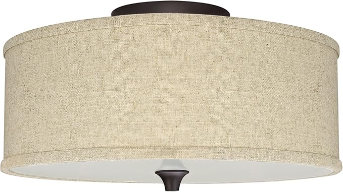 Kira Home Newport 14" Modern 2-Light Semi-Flush Mount Ceiling Light + Beige Linen Drum Shade, Oil-Rubbed Bronze Finish