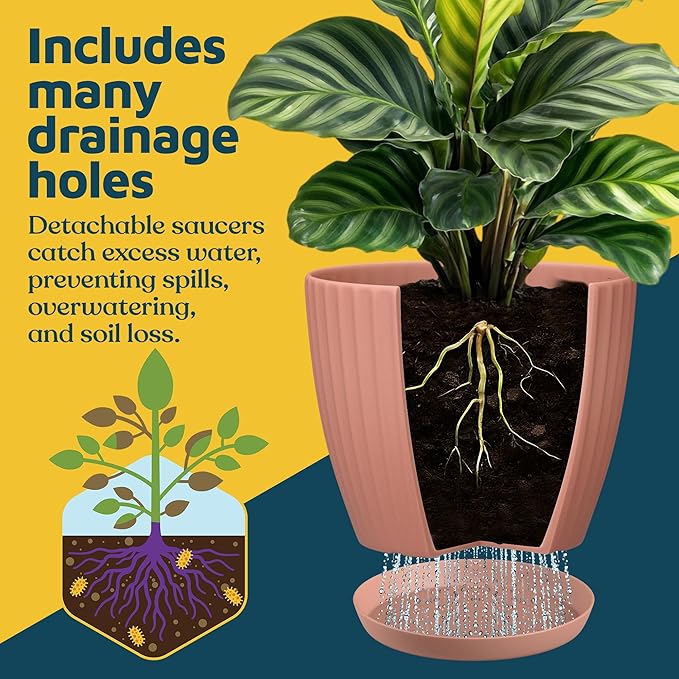 Pink 6-Inch Plant Pots with Drainage & Saucers 3 Pack, Indoor & Outdoor Planters for Houseplants, Herbs, and Flowers, Durable & Weatherproof Material, Stackable, Lightweight, Minimalist Design
