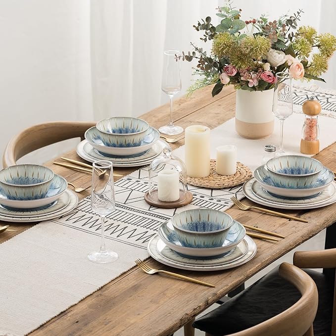 MissYip Melamine Dinnerware Set, 16 Piece for 4, Unbreakable Kitchen Plastic Plates and Bowls set, Indoor and Outdoor Use Tableware, BPA Free, Dishwasher Safe, Not Microwave, Not Oven(Blue)