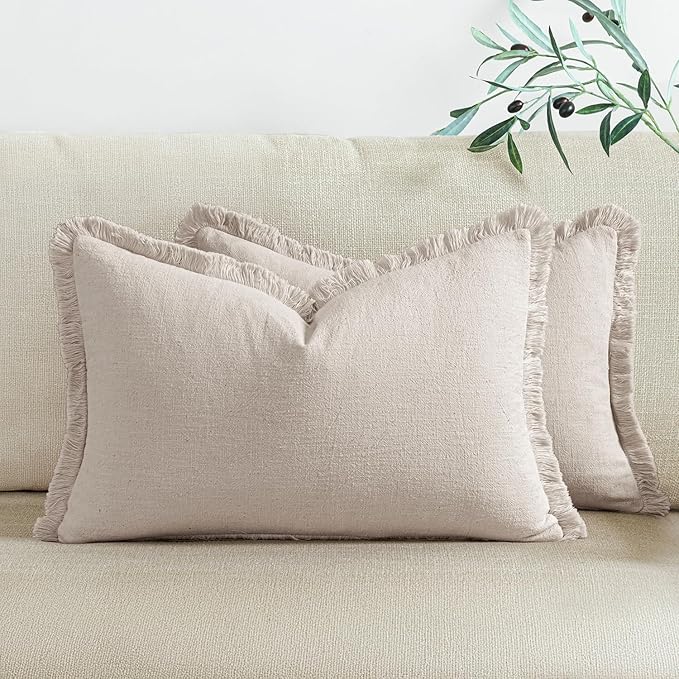 Woaboy Decorative Linen Fringe Throw Pillow Covers Boho Farmhouse Soft Lumbar Cushion Covers Accent Pillowcases with Tassels for Living Room Couch Sofa Bed Chair,12x20 Inch Set of 2,Beige