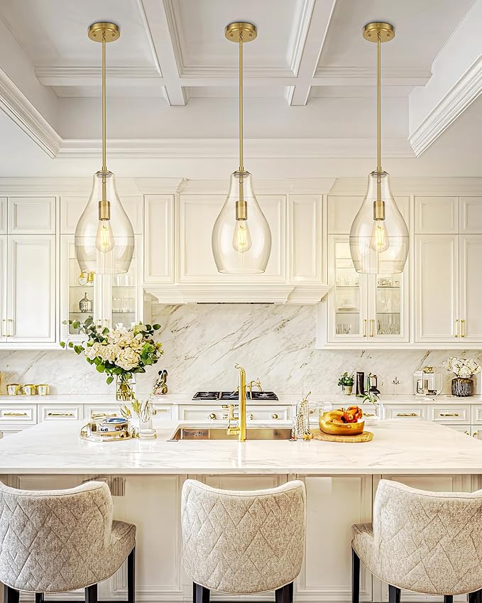 Gold Pendant Lights Kitchen Island, 8" Large Hanging Light Fixtures with Clear Glass Shade, Modern Brass Kitchen Pendant Lighting Over Island for Dining Room, AD-25045-1PB-GD