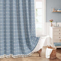 MitoVilla Blue Farmhouse Shower Curtain Set 72 x 78, Boho 78 inch Long Polyester Linen Tassel Fabric Shower Curtain Set for Chic Cottagecore French Rustic Bathroom Decor