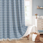 MitoVilla Blue Farmhouse Shower Curtain Set 72 x 78, Boho 78 inch Long Polyester Linen Tassel Fabric Shower Curtain Set for Chic Cottagecore French Rustic Bathroom Decor