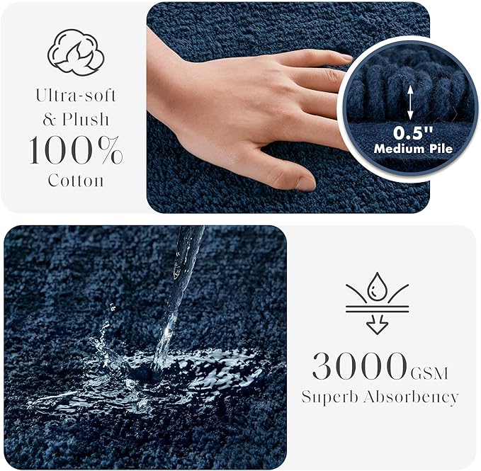 Madison Park Splendor Reversible 100% Cotton Tufted Bathroom Rug-3000 GSM Hotel Quality Luxurious Plush Medium Pile Bath Mat Absorbent, Quick Dry, Shower Room Décor, 17x24 Navy