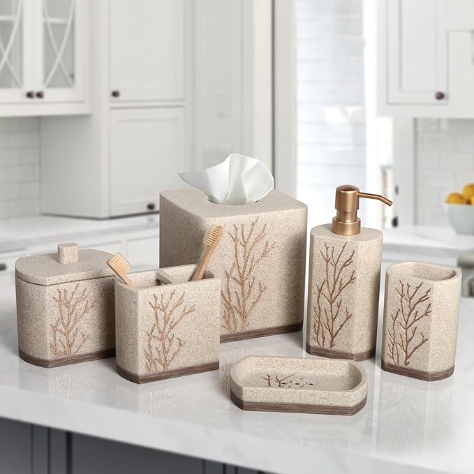 Decozen Bathroom Accessories Set – Soap Dispenser, Toothbrush Holder, Tumbler, Soap Dish, Cotton Swab Jar & Toilet Brush – Modern Bathroom Decor Set 6-Pcs (Kent)