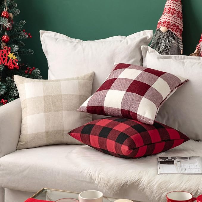 MIULEE Pack of 2 Christmas Classic Farmhouse Buffalo Check Plaids Polyester Soft Solid Black and Red Decorative Porch Throw Pillow Covers Home Decor Cushion Case for Sofa Bedroom Outdoor 16 x 16 Inch