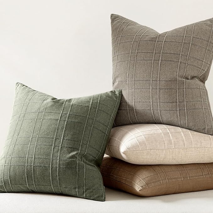MIULEE Decorative Linen Check Throw Pillow Covers Neutral Farmhouse Vintage Pillow Covers 16x16 Set of 2 Boho Modern Home Decor for Sofa Couch Bedroom Cushion Olive Green