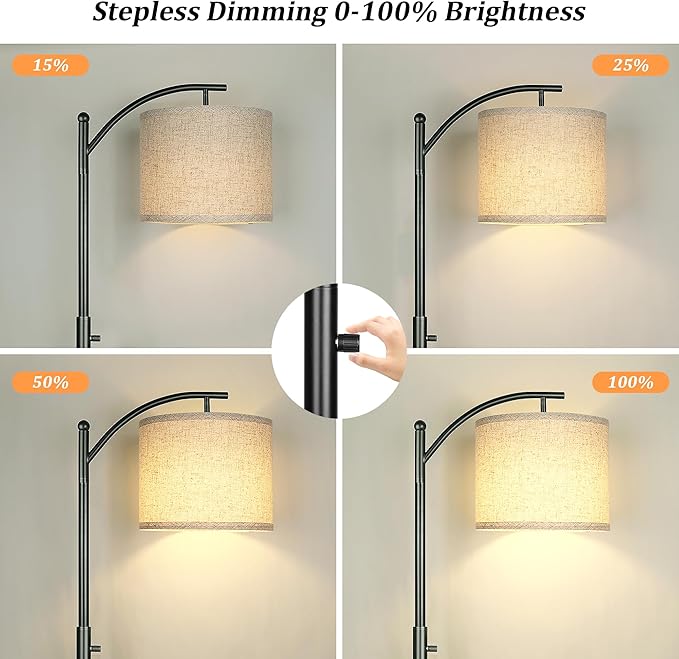 Dimmable Floor Lamp, Arc Floor Lamps for Living Room, Stepless Dimming Modern Standing Lamp with Linen Shade, Tall Lamp for Bedroom Office Dining Room- Black