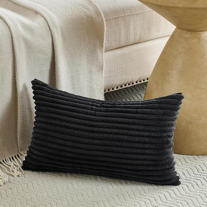Fancy Homi Set of 2 Black Boho Small Lumbar Decorative Throw Pillow Cover 12x20 Inch for Couch Bed Chair, Aesthetic Modern Bohemian Room Decor, Soft Fluffy Corduroy Rectangle Cushion Case 30x50cm