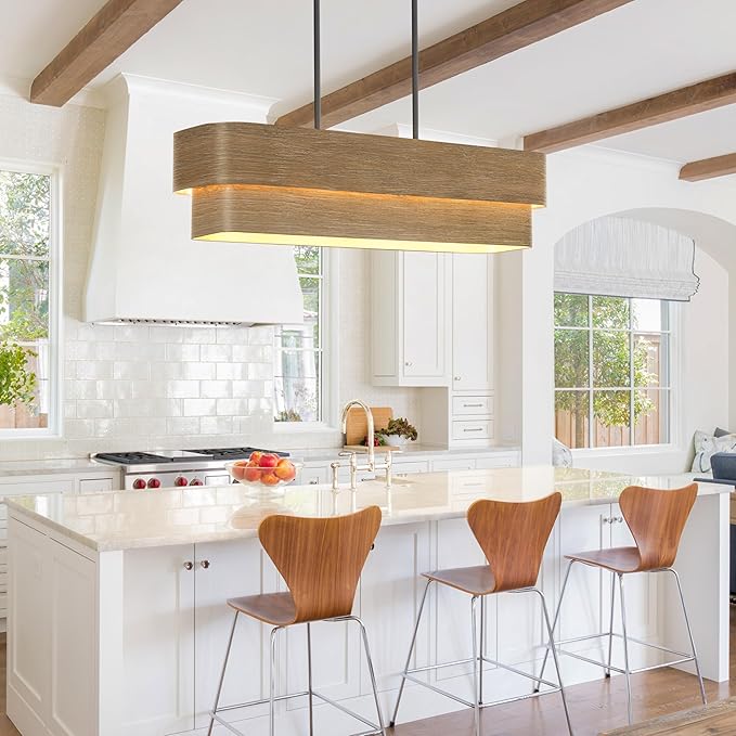 37.5 Inch Farmhouse Kitchen Island Lighting 4-Light Rectangle Dining Room Light Fixture Large Linear Chandelier with Wood Grain Finish for Dining Room Kitchen Bar Pool Table