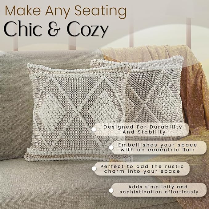 GRUHUM Throw Pillow Covers 18 x18 -Set of 2 Boho Pillow Cases Rustic Vintage Decorative Handwoven Sofa Couch Cover- Bedroom Farmhouse Living Room Bed Car Decor Modern Linen White Square 18X18 Inches