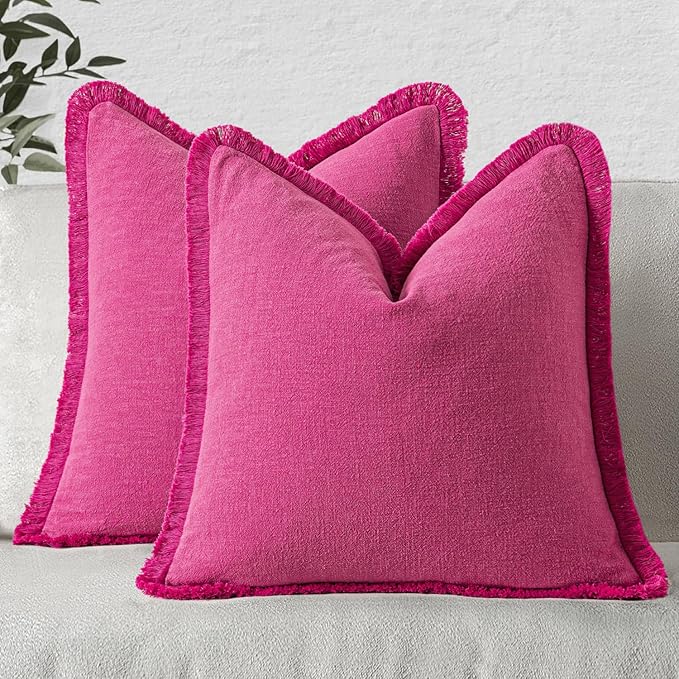MIULEE Decorative Throw Pillow Covers Neutral Linen Fringe Throw Pillows Set of 2 Hot Pink Boho Farmhouse Cushion Covers with Tassels for Couch Sofa Bed Living Room Spring Home Decor 20x20 Inch