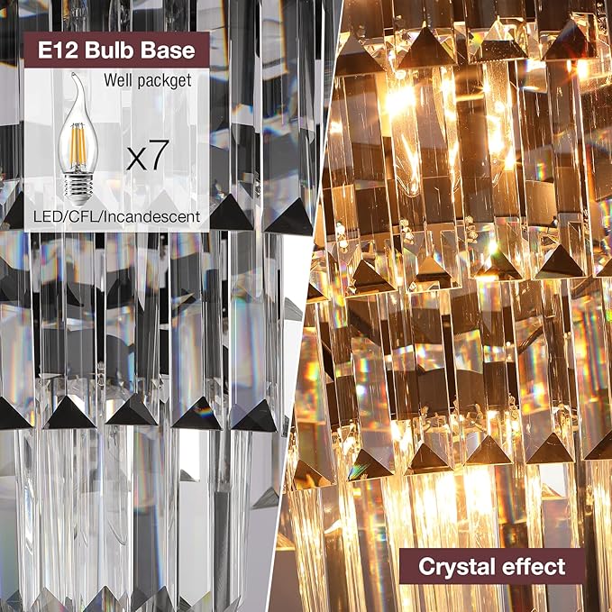 Modern Crystal Chandelier 20" Brown Round Pendant Light, 4-Tier Luxury Ceiling Light Fixture with Clear Prisms for Dining Room Living Room Foyer