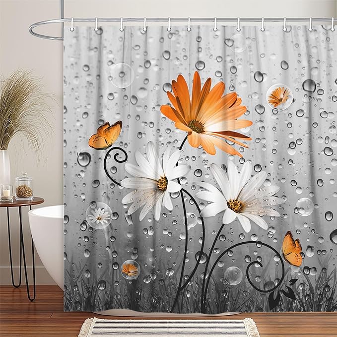 Rustic Farmhouse Orange Floral Shower Curtain, Farm Fall Daisy Flowers and Butterflies, Country Yellow Red Gray Fabric Boho Curtain with 12PCS Hooks, 47X64IN