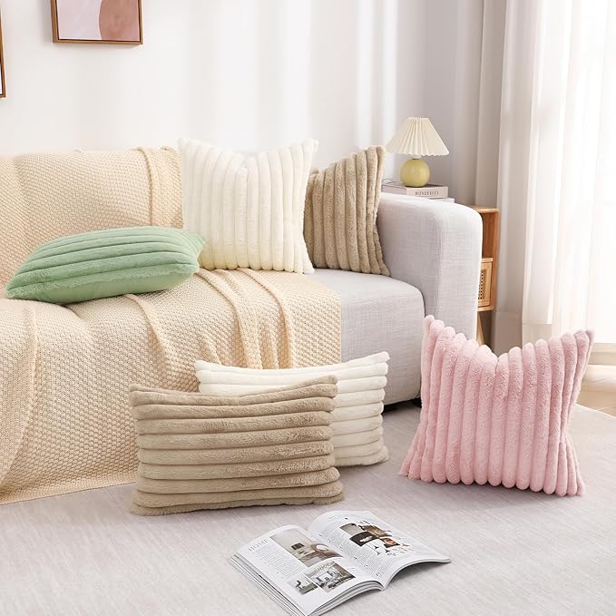 decorUhome Fall Faux Fur Throw Pillow Covers 18x18 Set of 2, Decorative Soft Plush Striped Neutral Couch Euro Pillow Covers with Velvet Back for Sofa, Bed, Living Room Home Decor, Light Khaki Brown