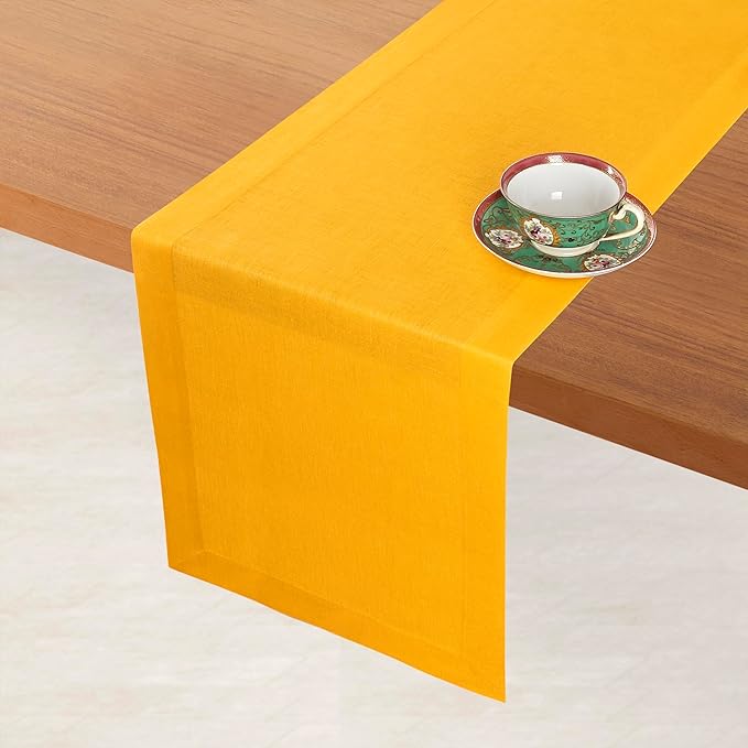 D'Moksha Homes Linen Table Runner 54 Inches - 100% Pure Linen Sunflower Yellow Table Runner 14 x 54 Inch for Dresser, Coffee Tables, Fall, Autumn and Halloween - Machine Washable