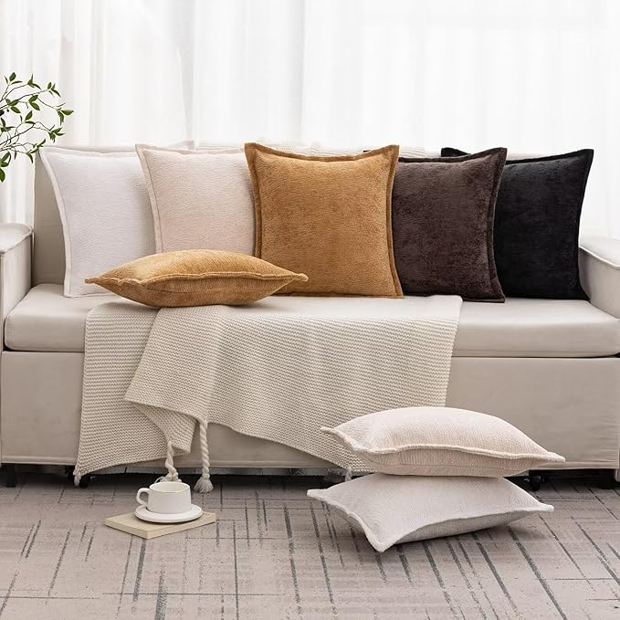 Black Decorative Throw Pillow Covers 24x24 Inch Set of 2 Cozy Soild Chenille Cushion Cases Soft Textured Square Couch Pillows Cover Boho Accent Farmhouse Pillowcases for Sofa Bed
