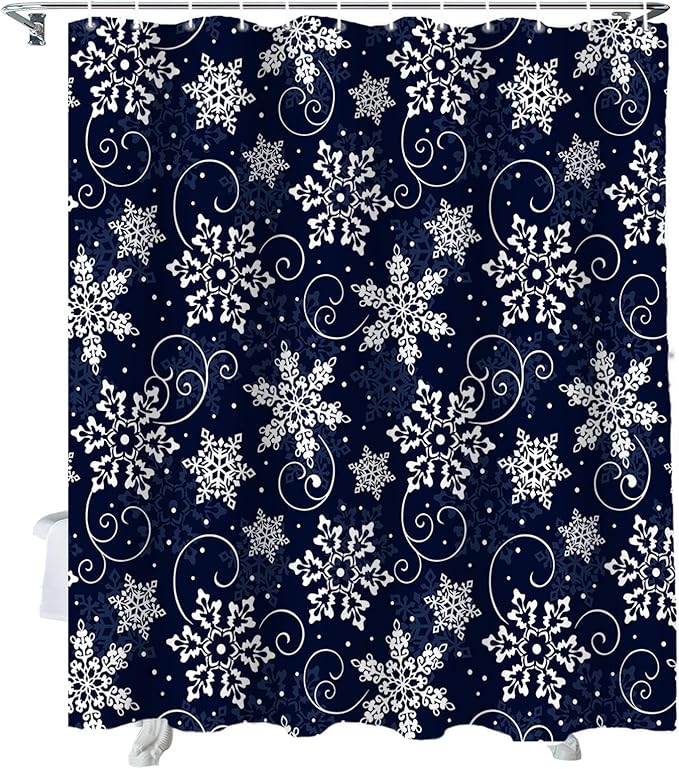 Vandarllin Christmas Shower Curtain, White Navy Snowflakes Pattern Shower Curtains Set with Hooks, Winter Waterproof Fabric Bathroom Curtains Decor Home Accessories, Stall Long 36 X 78 Inch