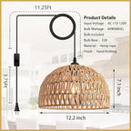 Brown Rattan Light Fixture 15ft Plug In Pendant Light Woven Pendant Light Boho Chandelier Wicker Pendant Light Boho Pendant Light Plug In for Dining Room Kitchen Island Bedroom(Bulb Incl.)