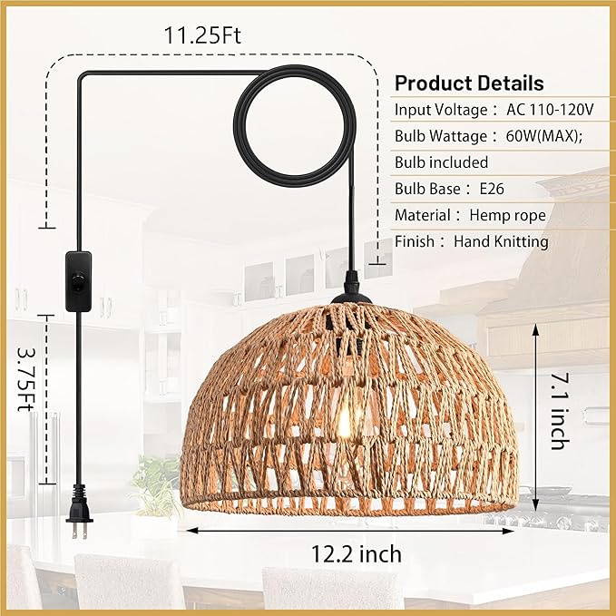 Brown Rattan Light Fixture 15ft Plug In Pendant Light Woven Pendant Light Boho Chandelier Wicker Pendant Light Boho Pendant Light Plug In for Dining Room Kitchen Island Bedroom(Bulb Incl.)