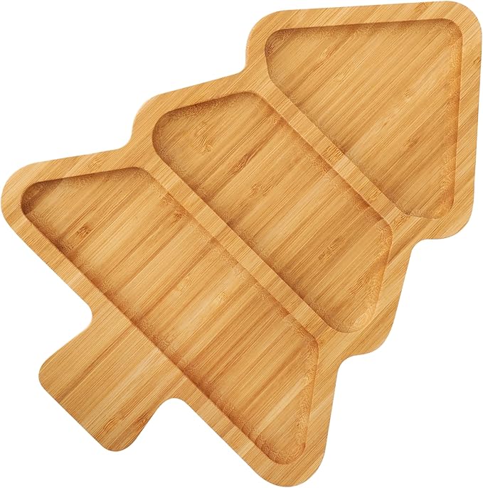 Christmas Serving Tray, Bamboo Christmas Tree Serving Platter with 3 Compartments, Charcuterie Board Serving Dishes 11.8" x 8.7" for Party Cookie Fruit Cheese