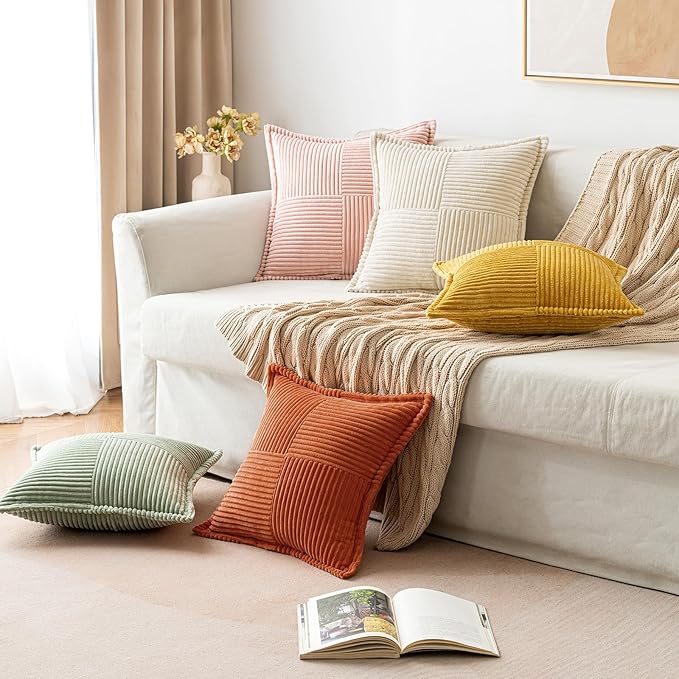 MIULEE Rust Fall Decorative Throw Pillow Covers for Couch Bed Livingroom 16x16 Inch Set of 2 Boho Accent Throw Pllows Broadside Striped Patchwork Soft Corduroy Pillowcases