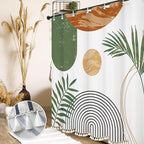 Boho Mid Century Leaf Shower Curtain Set,Arch Sun Design,Minimalistic Leaves Pattern,Waterproof and Luxurious Fabric-12 Hooks(Green-72" x 84")