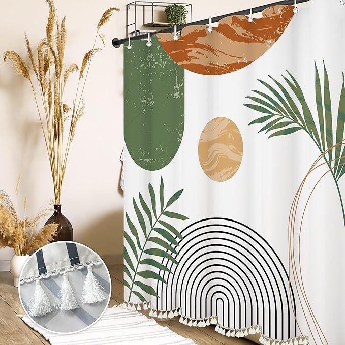 Boho Mid Century Leaf Shower Curtain Set,Arch Sun Design,Minimalistic Leaves Pattern,Waterproof and Luxurious Fabric-12 Hooks(Green-72" x 84")