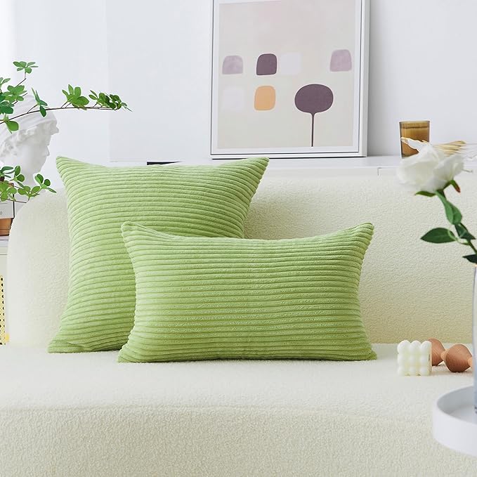 Home Brilliant Green Lumbar Pillow Covers 12x20 Set of 2 Oblong Striped Corduroy Rectangle Spring Pillow Covers Chair Couch for Spring Decor, 12 x 20 inch, Apple Green