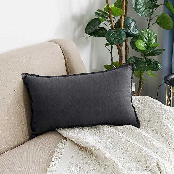Jeanerlor Natural Cotton Linen Decorative Lumbar Throw Pillow Case Dark Grey Cushion Cover with Twin Needles Stitch on Edge,for Office/Coffee Shop 12"x20" 2 pack