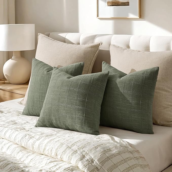 Woaboy Linen Check Throw Pillow Covers Set of 2 - Light Olive Green Farmhouse Modern Boho Vintage Christmas Decorative Cushion Covers for Sofa Couch Bedroom Living Room Decor 20x20 Inch