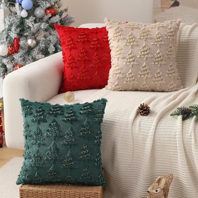 Christmas Pillow Covers 16x16 inch Set of 2 Soft Plush Faux Fur Christmas Decor Red Xmax Tree Yellow Colored Lights Decoration Throw Pillow Case for Winter Holiday Sofa Living Room PT003B16