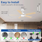 52Inch Smart Ceiling Fan with Lights Remote,APP&Alexa WIFI Controled,Quiet Reversible DC Motor,Dimmable LED,Indoor Outdoor Modern Ceiling Fan,for Living Room Bedroom Patio Porch,White&Light Wood