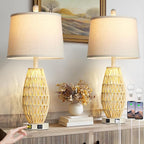 27" Beige Boho Rattan Lamps Set of 2, Coastal Natural Bedroom Table Lamps with Night Light, Woven Wicker Bedside Nightstand Lamp with USB A+C Charging Port, Farmhouse Lamp for Living Room