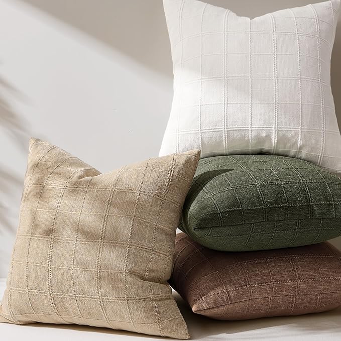 Woaboy Linen Check Throw Pillow Covers Set of 2 - Light Brown Farmhouse Modern Boho Vintage Decorative Cushion Covers for Sofa Couch Bedroom Living Room Decor 22x22 Inch