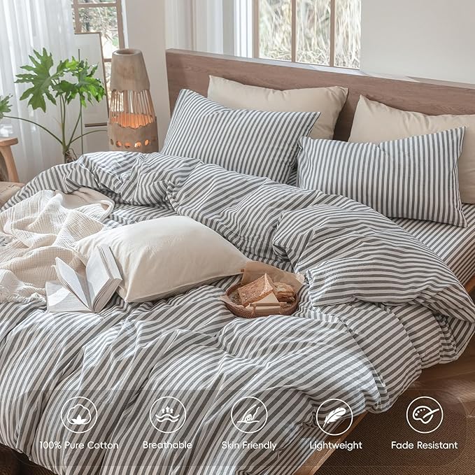 MooMee Striped Duvet Cover Set 100% Washed Cotton Linen Like Textured Breathable Durable Soft Comfy (Dark Grey White Classic Stripes, Cal King 104"x98")