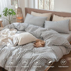 MooMee Striped Duvet Cover Set 100% Washed Cotton Linen Like Textured Breathable Durable Soft Comfy (Dark Grey White Classic Stripes, Palatial King/Oversized King 120"x98")