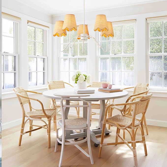 28" Rattan Chandelier, Large Modern Pendant Light Fixtures with Flower Shades White Finish for Dining Room, Kitchen Island, Foyer, Living Room 5-Light