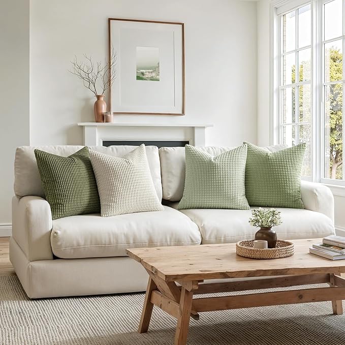MIULEE Modern Farmhouse Decorative Lumbar Pillow Covers 18x18 Inch Set of 4 Natural Rustic Throw Pillows Neutral Warm Soft Corduroy Couch Pillowcases Home Decor for Sofa Living Room Bed Light Green