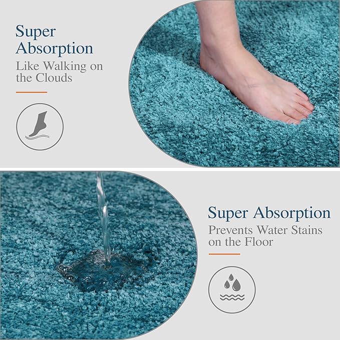 Walensee Non Slip Bath Mat (16 x 24, Teal) - Soft Microfiber Shaggy Mat, Water Absorbent, Machine Washable, Thick Plush for Shower