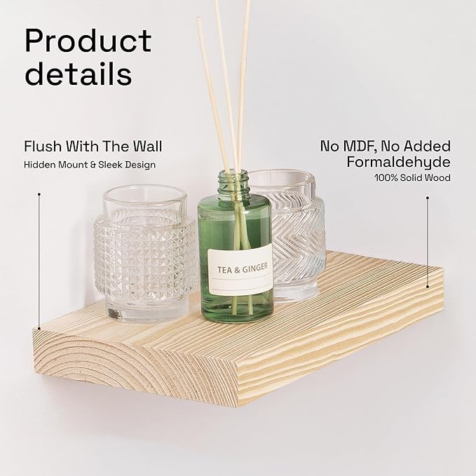 BAOBAB WORKSHOP Solid Wood Floating Shelves for Wall 12 Inch Wide, Small Wooden Shelf Bathroom, Light Oak Floating Shelves for Room Wall Mounted Kitchen Farmhouse, Natural Wood, 12W × 6.7D, Set of 2