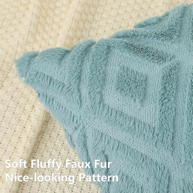 Pallene Light Teal Throw Pillow Covers 24x24 Set of 2, Soft Plush Faux Fur Decorative Couch Pillow Covers for Sofa Bed Living Room Pillow Cases with 3D Diamond Pattern